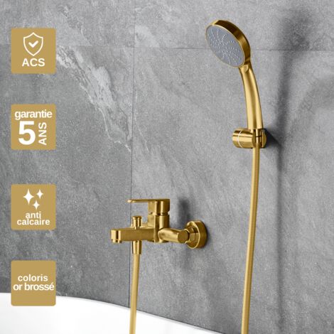 Mitigeur Bain/Douche or brossé Pommeau Anti-Calcaire - Design Moderne et Économie d'eau - Kit Complet ROMA IMEX