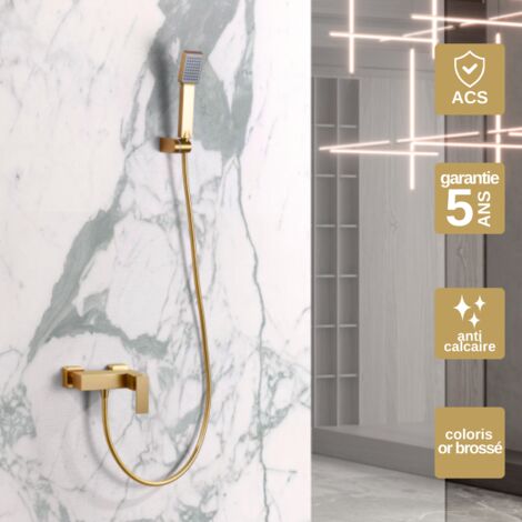 Mitigeur Douche or brossé Pommeau Anti-Calcaire - Design Moderne et Économie d'eau - Kit Complet PISA IMEX