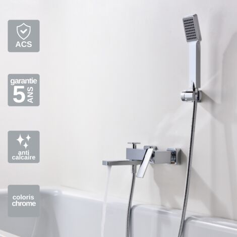 Mitigeur Bain/Douche chromé Pommeau Anti-Calcaire - Design Moderne et Économie d'eau - Kit Complet PISA IMEX