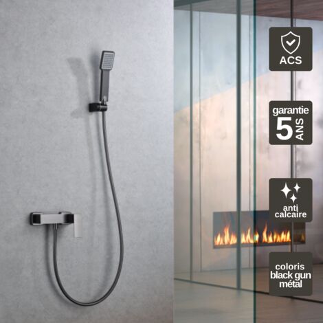 Mitigeur Douche noir métal Pommeau Anti-Calcaire - Design Moderne et Économie d'eau - Kit Complet PISA IMEX