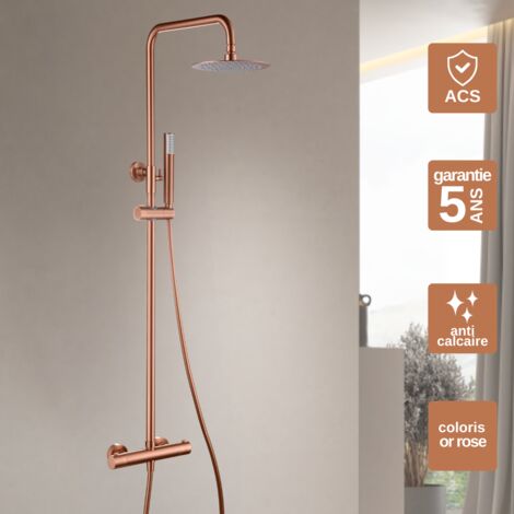 Colonne de douche thermostatique or rose cuivré – Corps en laiton solide – Mitigeur anti-calcaire – Flexible 150 cm – Design moderne – Imex Products