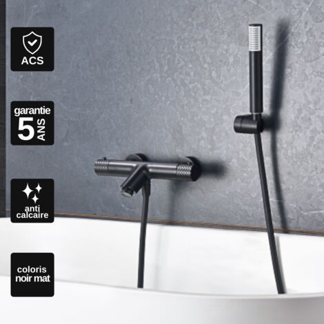 Mitigeur Bain/Douche Thermostatique noir mat Pommeau Anti-Calcaire - Design Moderne - Kit Complet GENOVA IMEX
