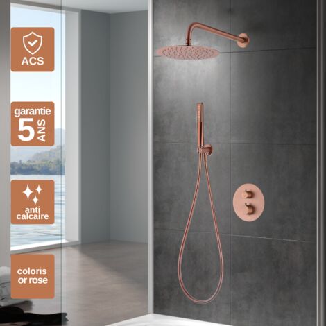 Colonne de Douche Encastrée avec Mitigeur Thermostatique or rose cuivré anti-calcaire - Design Moderne - NAPOLES IMEX