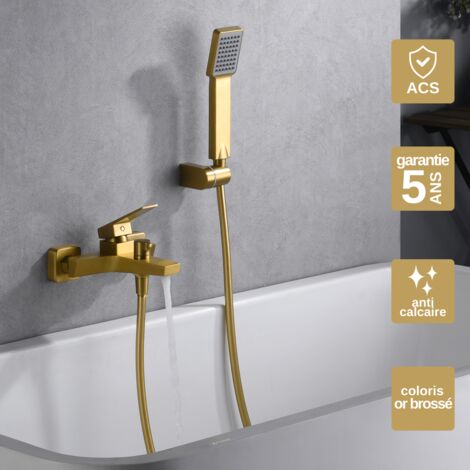 Mitigeur Bain/Douche or brossé Pommeau Anti-Calcaire - Design Moderne et Économie d'eau - Kit Complet ART IMEX