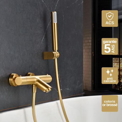 Mitigeur Bain/Douche Thermostatique or brossé Pommeau Anti-Calcaire - Design Moderne - Kit Complet GENOVA IMEX