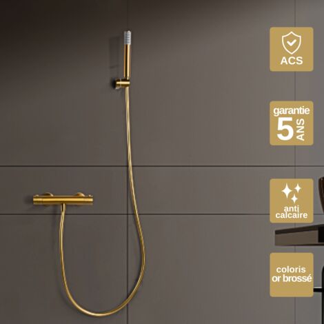 Mitigeur Douche Thermostatique or brossé Pommeau Anti-Calcaire - Design Moderne - Kit Complet GENOVA IMEX