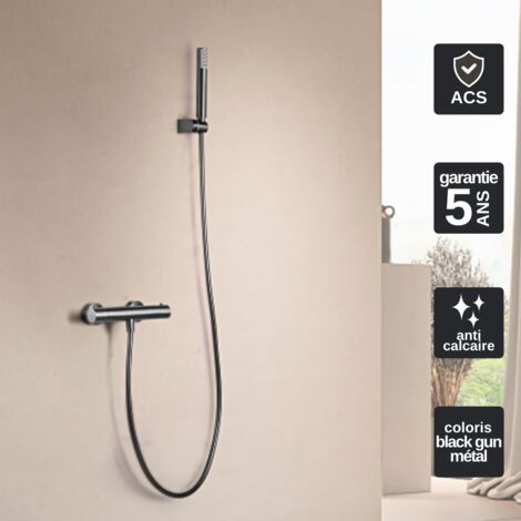 Mitigeur Douche Thermostatique noir métal Pommeau Anti-Calcaire - Design Moderne - Kit Complet GENOVA IMEX