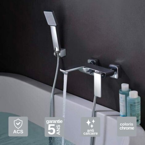 Mitigeur Bain/Douche chromé Pommeau Anti-Calcaire - Design Moderne et Économie d'eau - Kit Complet FIYI IMEX
