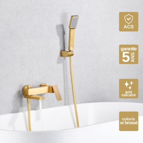 Mitigeur Bain/Douche or brossé Pommeau Anti-Calcaire - Design Moderne et Économie d'eau - Kit Complet PISA IMEX