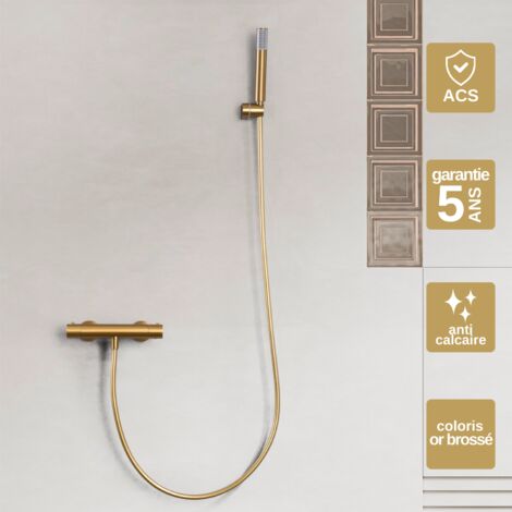 Mitigeur Douche Thermostatique or brossé Pommeau Anti-Calcaire - Design Moderne - Kit Complet MONZA IMEX