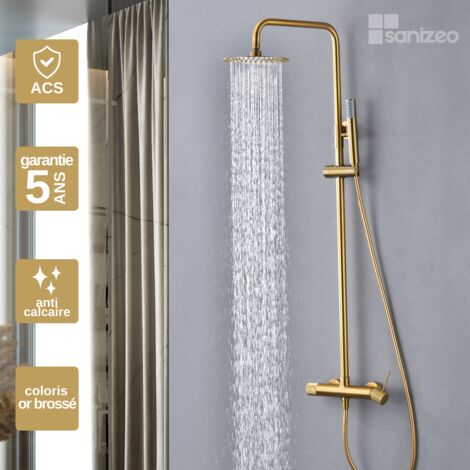 Colonne de douche anti-calcaire – Finition or brossé – Pommeau haute de 200mm – Flexible de 150cm – Débit 12 l/min – Installation rapide – Imex Products
