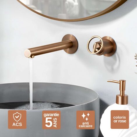 Robinet Mitigeur Lavabo Encastré Salle de Bain or rose cuivrée – Anti-Calcaire – Design Moderne - OLIMPO IMEX
