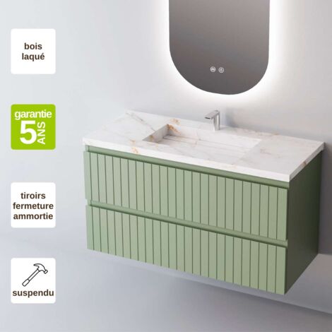 Meuble de salle de bain plan vasque Grès Cérame Blanc Storm, 2 Tiroirs,l60xh54xp45, Laqué Mint Mat, GLOW