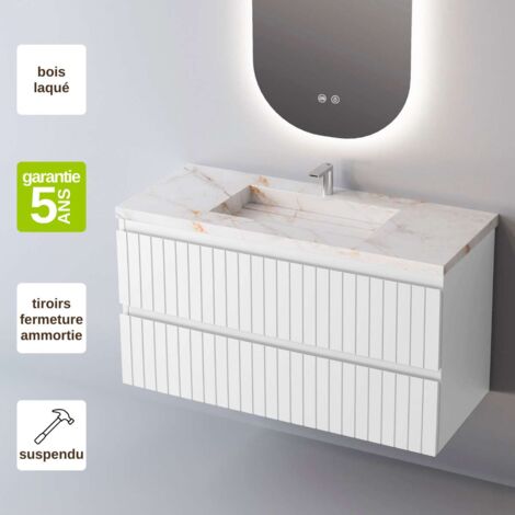 Meuble de salle de bain plan vasque Grès Cérame Blanc Storm, 2 Tiroirs,l100xh54xp45, Laqué Blanc Mat, GLOW