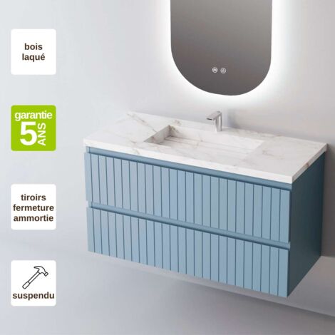 Meuble de salle de bain plan vasque Grès Cérame Blanc Storm, 2 Tiroirs,l80xh54xp45, Laqué Cobalt Mat, GLOW