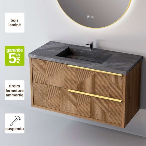 Meuble de salle de bain plan vasque Grès Cérame Noir Allure, 2 Tiroirs Chêne Moyen Poignée Or, l100xh54xp45, Effet 3D, REEL