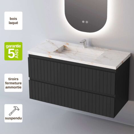 Meuble de salle de bain plan vasque Grès Cérame Blanc Storm, 2 Tiroirs,l60xh54xp45, Laqué Noir Mat, GLOW