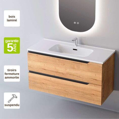 Meuble de salle de bain plan vasque Solide Surface, 2 Tiroirs,l100xh54xp45, Chêne Clair, DUO
