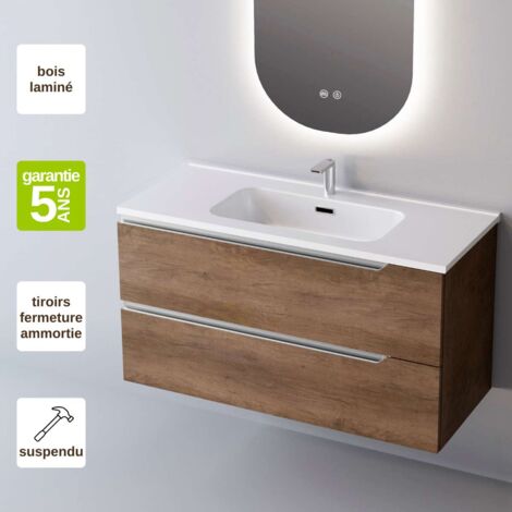 Meuble de salle de bain plan vasque Solide Surface, 2 Tiroirs,l100xh54xp45, Chêne Foncé, DUO