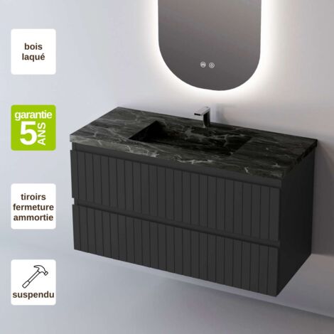 Meuble de salle de bain plan vasque Grès Cérame Noir Allure, 2 Tiroirs,l60xh54xp45, Laqué Noir Mat, GLOW (1/4)