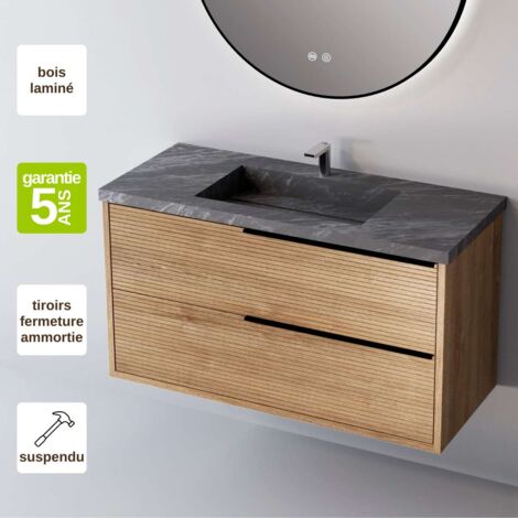 Meuble de salle de bain plan vasque Grès Cérame Noir Allure, 2 Tiroirs Chêne Naturel, Poignée Noir, l100xh54xp45, Effet 3D, LISTELLO (1/3)