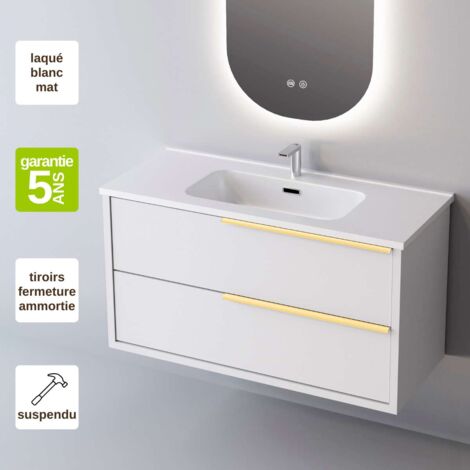 Meuble de salle de bain plan vasque Céramique, 2 Tiroirs Poignée Or, l100xh54xp45, Laqué Blanc Mat, LIKE (1/3)