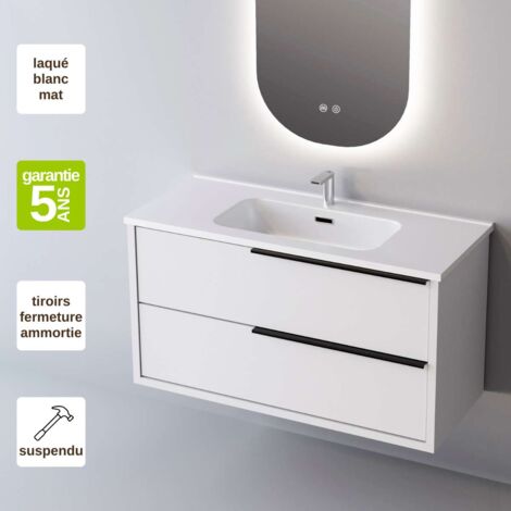 Meuble de salle de bain plan vasque Solide Surface, 2 Tiroirs Poignée Noir, l80xh54xp45, Laqué Blanc Mat, LIKE (1/3)