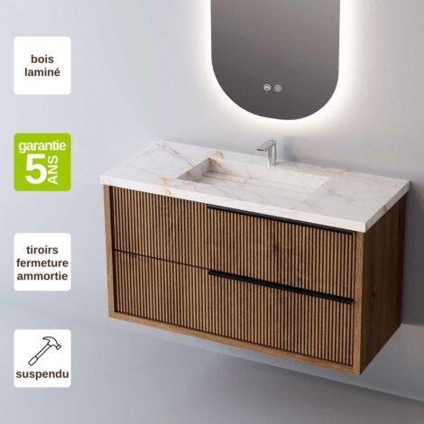 Meuble de salle de bain plan vasque Grès Cérame Blanc Storm, 2 Tiroirs Chêne Foncé, Poignée Noir, l60xh54xp45, Effet 3D, TREND