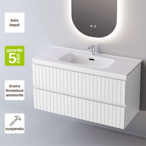 Meuble de salle de bain plan vasque Solide Surface, 2 Tiroirs,l60xh54xp45, Laqué Blanc Mat, GLOW
