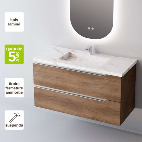 Meuble de salle de bain plan vasque Grès Cérame Blanc Storm, 2 Tiroirs,l100xh54xp45, Chêne Foncé, DUO