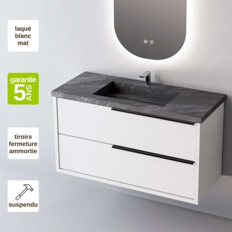 Meuble de salle de bain plan vasque Grès Cérame Noir Allure, 2 Tiroirs Poignée Noir, l60xh54xp45, Laqué Blanc Mat, LIKE (1/3)