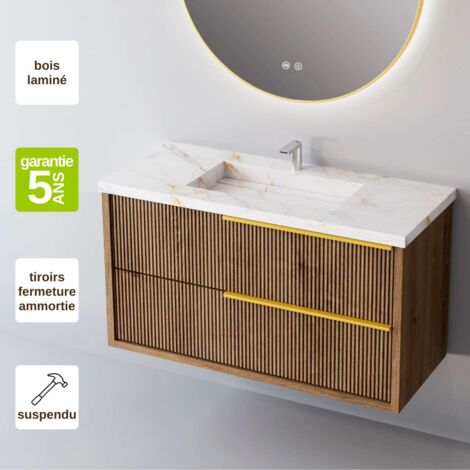 Meuble de salle de bain plan vasque Grès Cérame Blanc Storm, 2 Tiroirs Chêne Foncé, Poignée Or, l100xh54xp45, Effet 3D, TREND (1/3)