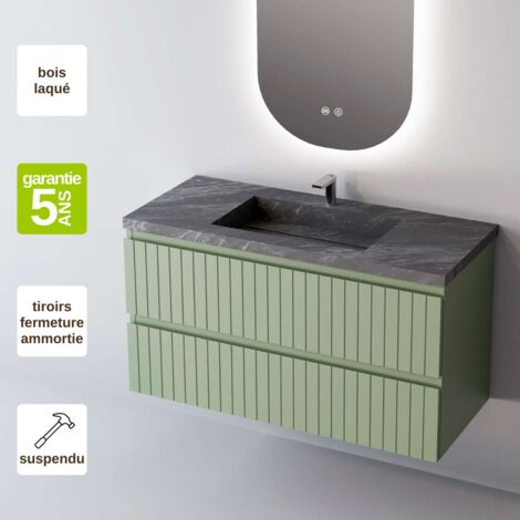 Meuble de salle de bain plan vasque Grès Cérame Noir Allure, 2 Tiroirs,l80xh54xp45, Laqué Mint Mat, GLOW