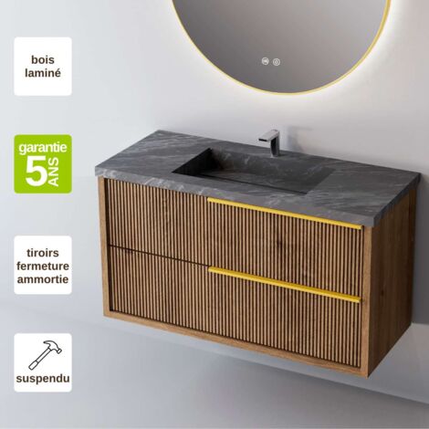 Meuble de salle de bain plan vasque Grès Cérame Noir Allure, 2 Tiroirs Chêne Foncé, Poignée Or, l80xh54xp45, Effet 3D, TREND