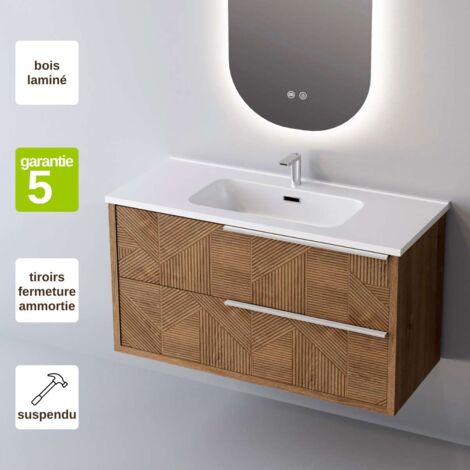 Meuble de salle de bain plan vasque Céramique, 2 Tiroirs Chêne Moyen Poignée Inox Satiné, l100xh54xp45, Effet 3D, REEL