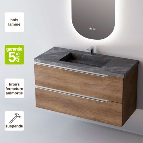 Meuble de salle de bain plan vasque Grès Cérame Noir Allure, 2 Tiroirs,l100xh54xp45, Chêne Foncé, DUO