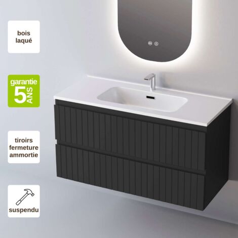 Meuble de salle de bain plan vasque Solide Surface, 2 Tiroirs,l60xh54xp45, Laqué Noir Mat, GLOW