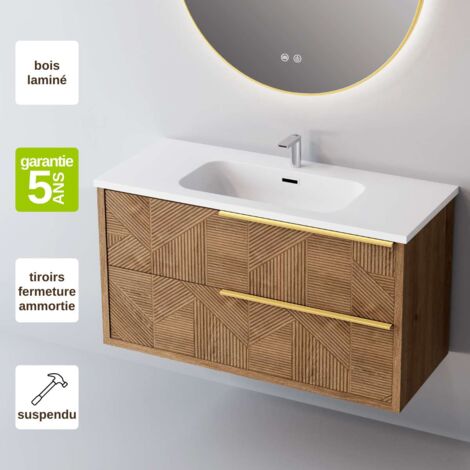 Meuble double vasque suspendu en céramique – 2 tiroirs chêne moyen – Dimensions 100x54x45 cm – Résistance à l'humidité – Effet 3D - l100xh54xp45