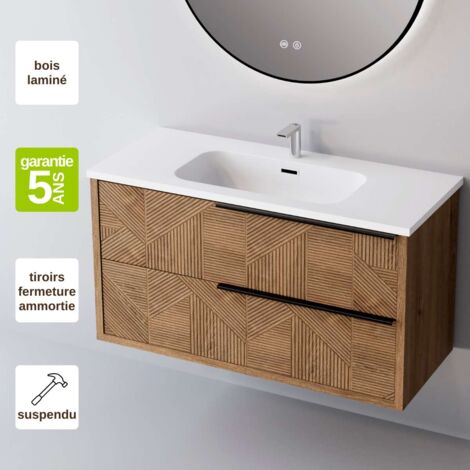 Meuble de salle de bain plan vasque Céramique, 2 Tiroirs Chêne Moyen Poignée Noir, l100xh54xp45, Effet 3D, REEL (1/3)