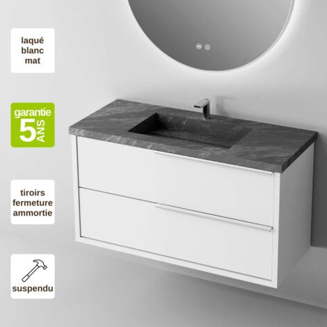 Meuble de salle de bain plan vasque Grès Cérame Noir Allure, 2 Tiroirs Poignée Inox Satiné, l60xh54xp45, Laqué Blanc Mat, LIKE (1/3)