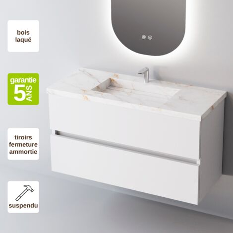 Meuble de salle de bain plan vasque Grès Cérame Blanc Storm, 2 Tiroirs,l100xh54xp45, Laqué Blanc Brillant, ANCONA