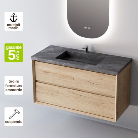 Meuble de salle de bain plan vasque Grès Cérame Noir Allure, 2 Tiroirs,l80xh54xp45, Chêne Naturel, COOL (1/5)