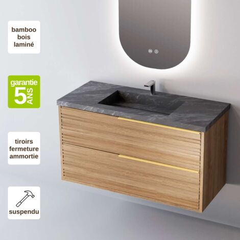 Meuble de salle de bain plan vasque Grès Cérame Noir Allure, 2 Tiroirs,l80xh54xp45, Chêne Naturel Poigné Or, BAMBOO