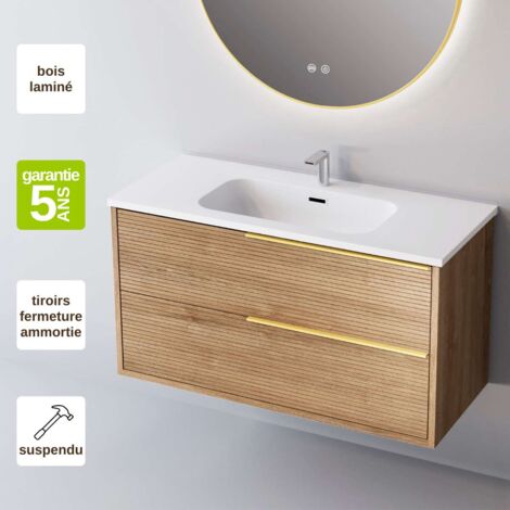 Meuble de salle de bain plan vasque Céramique, 2 Tiroirs Chêne Naturel, Poignée Or, l80xh54xp45, Effet 3D, LISTELLO (1/3)