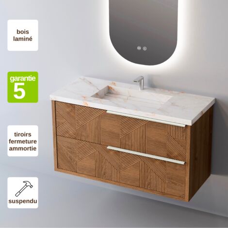 Meuble de salle de bain plan vasque Grès Cérame Blanc Storm, 2 Tiroirs Chêne Moyen Poignée Inox Satiné, l100xh54xp45, Effet 3D, REEL