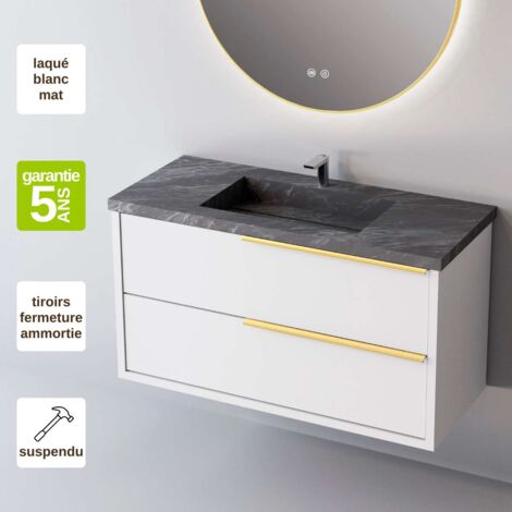 Meuble de salle de bain plan vasque Grès Cérame Noir Allure, 2 Tiroirs Poignée Or, l60xh54xp45, Laqué Blanc Mat, LIKE (1/3)