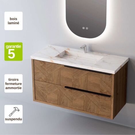 Meuble de salle de bain plan vasque Grès Cérame Blanc Storm, 2 Tiroirs Chêne Moyen Poignée Noir, l80xh54xp45, Effet 3D, REEL