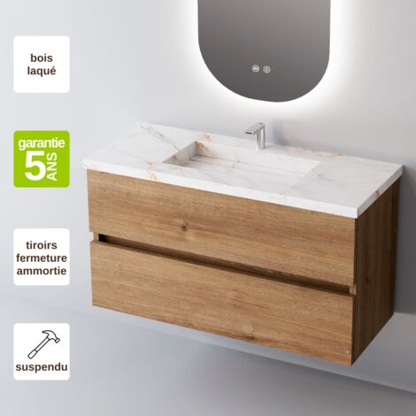 Meuble de salle de bain plan vasque Grès Cérame Blanc Storm, 2 Tiroirs,l100xh54xp45, Chêne Naturel, ANCONA