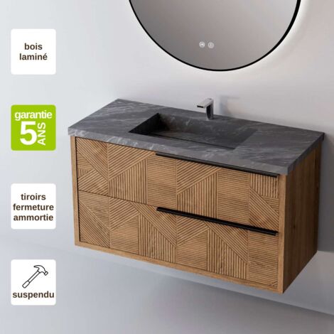 Meuble de salle de bain plan vasque Grès Cérame Noir Allure, 2 Tiroirs Chêne Moyen Poignée Noir, l60xh54xp45, Effet 3D, REEL