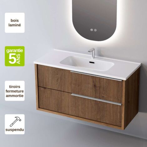 Meuble de salle de bain plan vasque Solide Surface, 2 Tiroirs Chêne Foncé, Poignée Inox Satiné, l80xh54xp45, Effet 3D, TREND